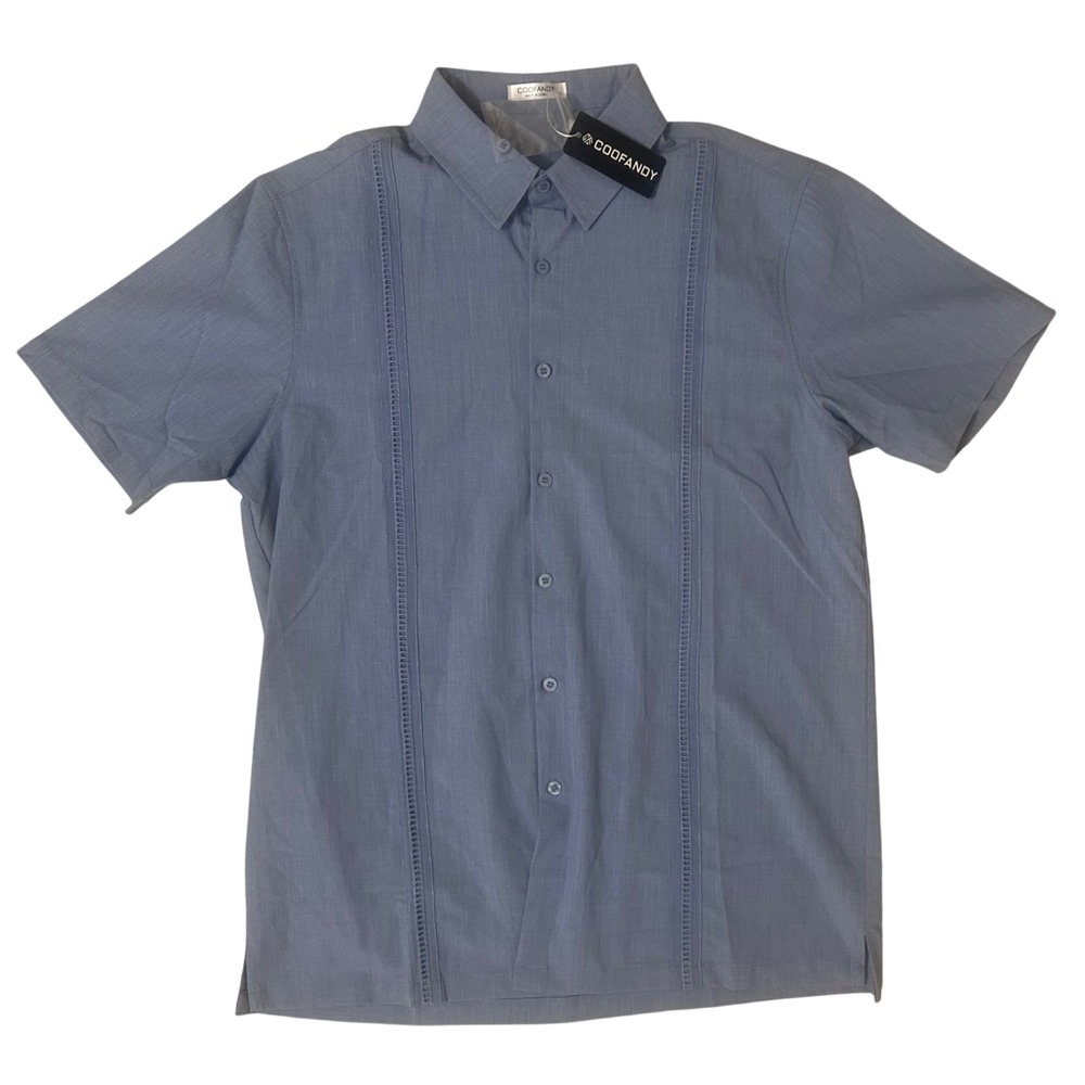 COOFANDY Shirt Mens S Blue New Guayabera Short Sleeve Button Up Embroidered